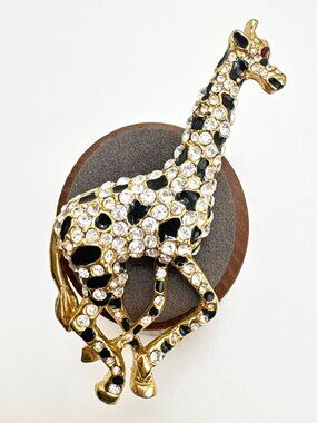 White Crystal & Black Enamel Gold Tone Giraffe Brooch Size 3.5" Length